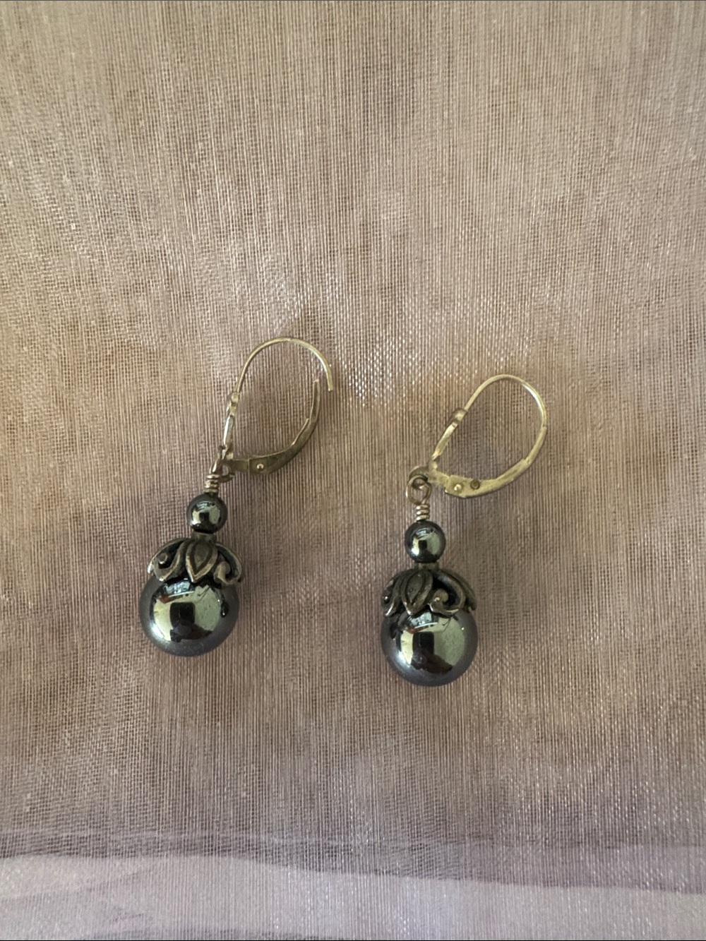Hematite Drop Bead Earrings with Floral Caps - Women Jewelry
